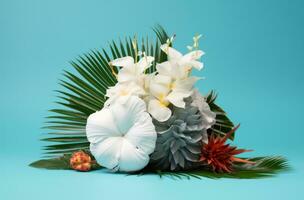 ai généré arrangement de noix de coco, ananas, hibiscus, photo