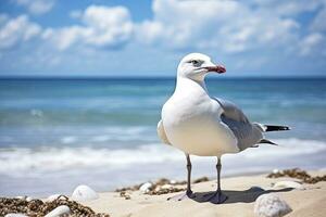 ai généré mouette sur le plage en dessous de bleu ciel. photo