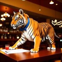 ai généré tigre habillé dans une de fête vacances costume , séance à une table dans une bar. anthropomorphe animaux. génératif ai. photo