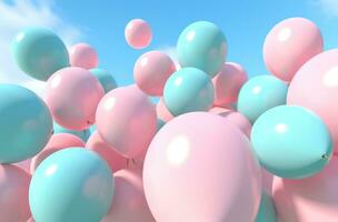 ai généré beaucoup bleu et rose des ballons sont flottant dans le air photo