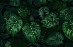 ai généré vert feuilles de une tropical forêt sur une sombre, photo