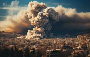 ai généré une plume de fumée va dans le air dans une ville après un explosion photo