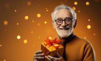 ai généré une homme portant des lunettes avec une cadeau boîte en portant sur à il tandis que souriant photo