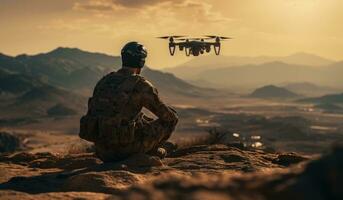 ai généré une soldat regards en dehors plus de une drone en volant dans le désert photo