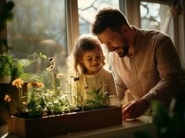 ai généré père et fille à la recherche ensemble à les plantes dans rebord de fenêtre photo