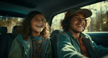 ai généré quatre copains sont conduite dans une voiture souriant photo