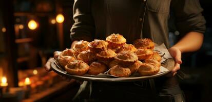 ai généré le serveuse est en portant une plateau de mini tartes et autre des pâtisseries photo