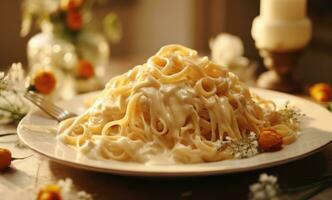 ai généré spaghetti est étant choisi en haut avec une fourchette plus de blanc sauce photo