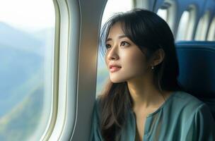 ai généré Jeune chinois épouse séance dans de face de fenêtre sur un avion photo