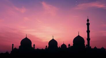 ai généré noir et coloré mosquées silhouette en dessous de le rose ciel, photo