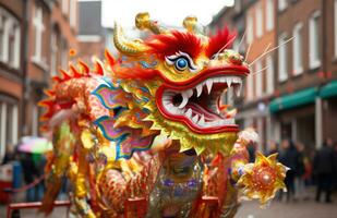 ai généré un chinois dragon est montré équitation sur le rue, photo