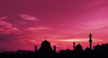 ai généré noir et coloré mosquées silhouette en dessous de le rose ciel, photo