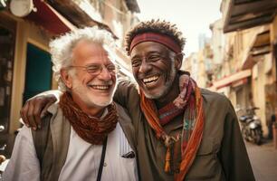 ai généré deux Hommes en portant mains, étreindre et souriant photo