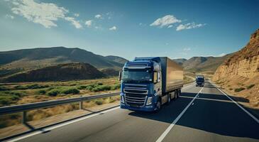 ai généré camions conduite sur une Autoroute, photo