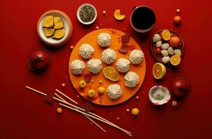 ai généré Dumplings et xiao longue bao sur rouge table avec baguettes, je photo