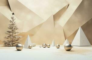 ai généré Noël arbre autour une beige zone avec boules, photo