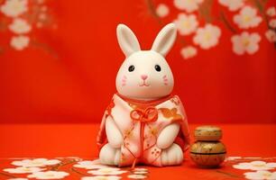 ai généré sur rouge tissu là est une figurine de une lapin lapin. photo