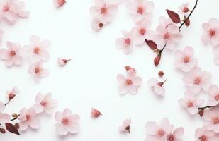 ai généré rose fleurs avec feuilles chute de sur blanc Contexte avec printemps épanouissement photo