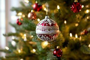 confortable vivant pièce avec magnifique Noël arbre et rouge cadeaux dans moderne intérieur. intérieur de vivant pièce décoré pour joyeux Noël avec chaussettes, cadeau des boites et Noël accessoires par ai généré photo