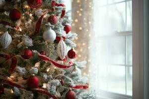 confortable vivant pièce avec magnifique Noël arbre et rouge cadeaux dans moderne intérieur. intérieur de vivant pièce décoré pour joyeux Noël avec chaussettes, cadeau des boites et Noël accessoires par ai généré photo