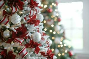 confortable vivant pièce avec magnifique Noël arbre et rouge cadeaux dans moderne intérieur. intérieur de vivant pièce décoré pour joyeux Noël avec chaussettes, cadeau des boites et Noël accessoires par ai généré photo