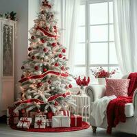 confortable vivant pièce avec magnifique Noël arbre et rouge cadeaux dans moderne intérieur. intérieur de vivant pièce décoré pour joyeux Noël avec chaussettes, cadeau des boites et Noël accessoires par ai généré photo