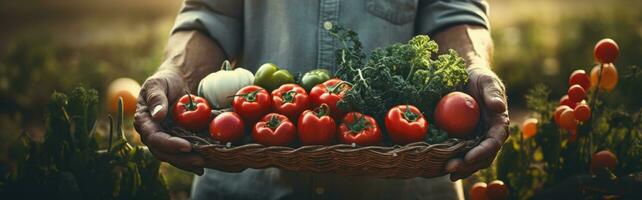 ai généré agriculture en bonne santé mode de vie homme en portant une panier plein de des légumes photo