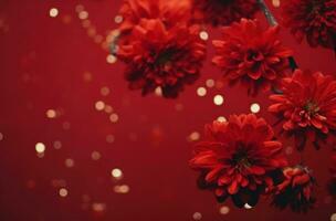 ai généré rouge chrysanthèmes pendaison sur une branche avec une rouge Contexte photo