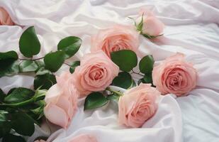 ai généré rose des roses sont chute sur une blanc tissu avec vert feuilles photo