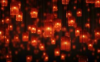 ai généré rouge chinois lanternes et bougies dans le Contexte. photo