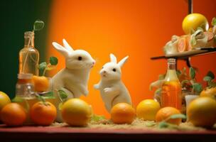 ai généré Trois lapins avec une bouteille de des oranges suivant à eux, photo