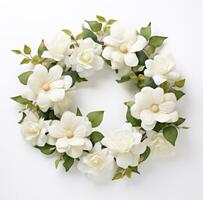 ai généré le couronne Caractéristiques blanc fleurs dans le centre de il, blanc arrière-plan, photo