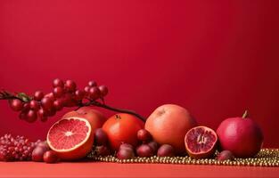 ai généré le chinois Nouveau année avec des fruits et décorations sur rouge arrière-plan, photo