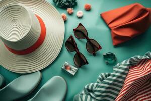 ai généré rayé , chapeau, des lunettes de soleil, chaussures, Sacs et autre plage accessoires photo