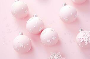 ai généré blanc Noël décorations sur rose Contexte avec blanc flocons de neige, photo
