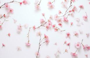 ai généré minuscule rose fleurs, feuilles et tiges flottant sur une blanc surface, photo