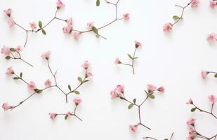 ai généré minuscule rose fleurs, feuilles et tiges flottant sur une blanc surface, photo