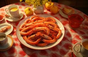 ai généré crevettes sont sur une table avec certains thé photo