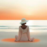 ai généré femme portant blanc et chapeau séance sur une sablonneux plage, photo