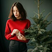 ai généré femme avec rouge chandail en portant Noël arbre, photo