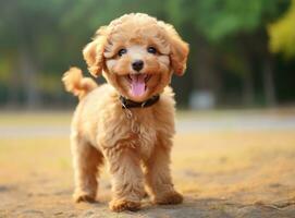 ai généré une mignonne caniche chiot permanent large avec langue en dehors dans de face photo