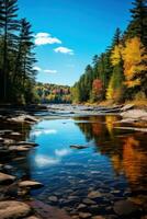 ai généré une calme rivière enroulement par une forêt avec vibrant tomber feuillage et une clair bleu ciel au dessus photo