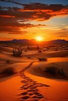 ai généré une paisible désert paysage avec le sable dunes, une vif Orange coucher de soleil, et une peu cactus dans le premier plan photo