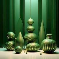 ai généré il Noël arbre dans le arrière-plan, embrasé vert, dans le style de géométrique minimaliste sculptures photo