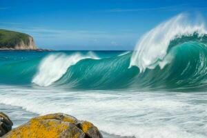 ai généré mer vagues frappe rochers sur une magnifique plage. pro photo