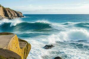 ai généré mer vagues frappe rochers sur une magnifique plage. pro photo