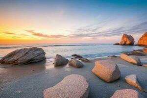 ai généré magnifique rochers sur le plage à le coucher du soleil. pro photo