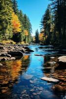 ai généré une calme rivière enroulement par une forêt avec vibrant tomber feuillage et une clair bleu ciel au dessus photo