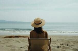 ai généré femme dans chapeau séance sur plage dans de face de le mer photo