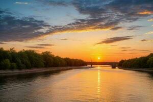 ai généré d'or heure le coucher du soleil sur le rivière. pro photo